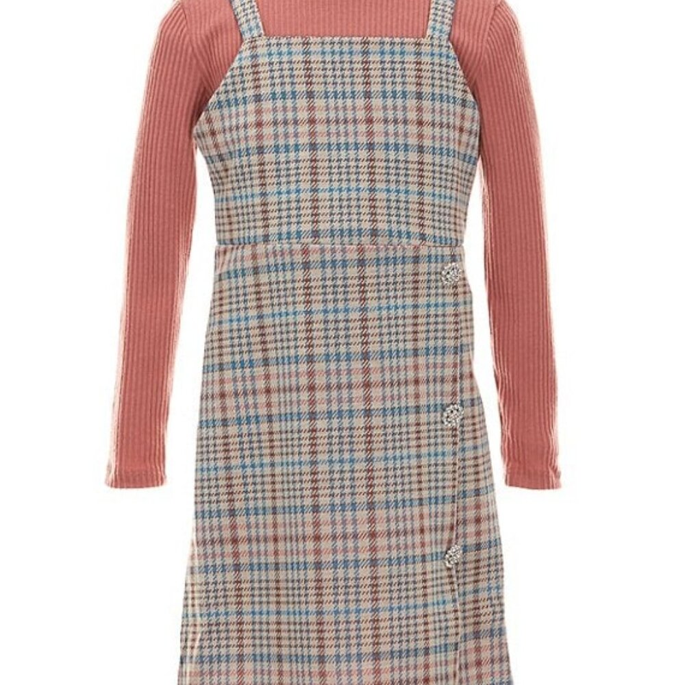 NWT - Rare Edit Girls Sleeveless Plaid Jumper Dress & Lg Sleeve Rib-Knit T sz 10
